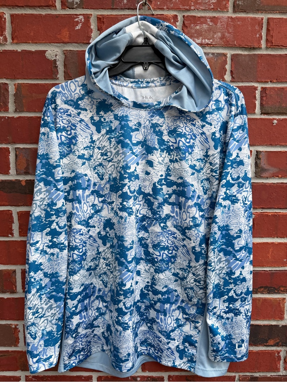 Huk Icon X Tide Change 3XL Blue Camo Hooded Long Sleeve Pullover Shirt P5